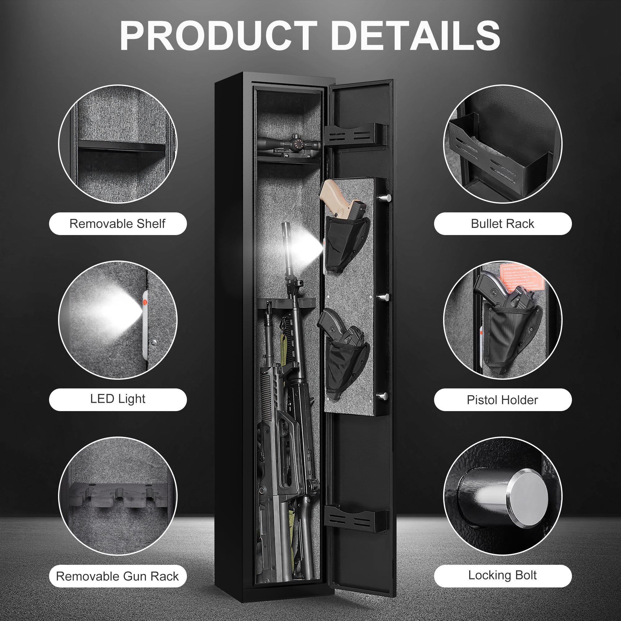 5 gun safes with 3 pistol pockets, quick access biometric adjustable heavy-duty gun rack mounted gun safes