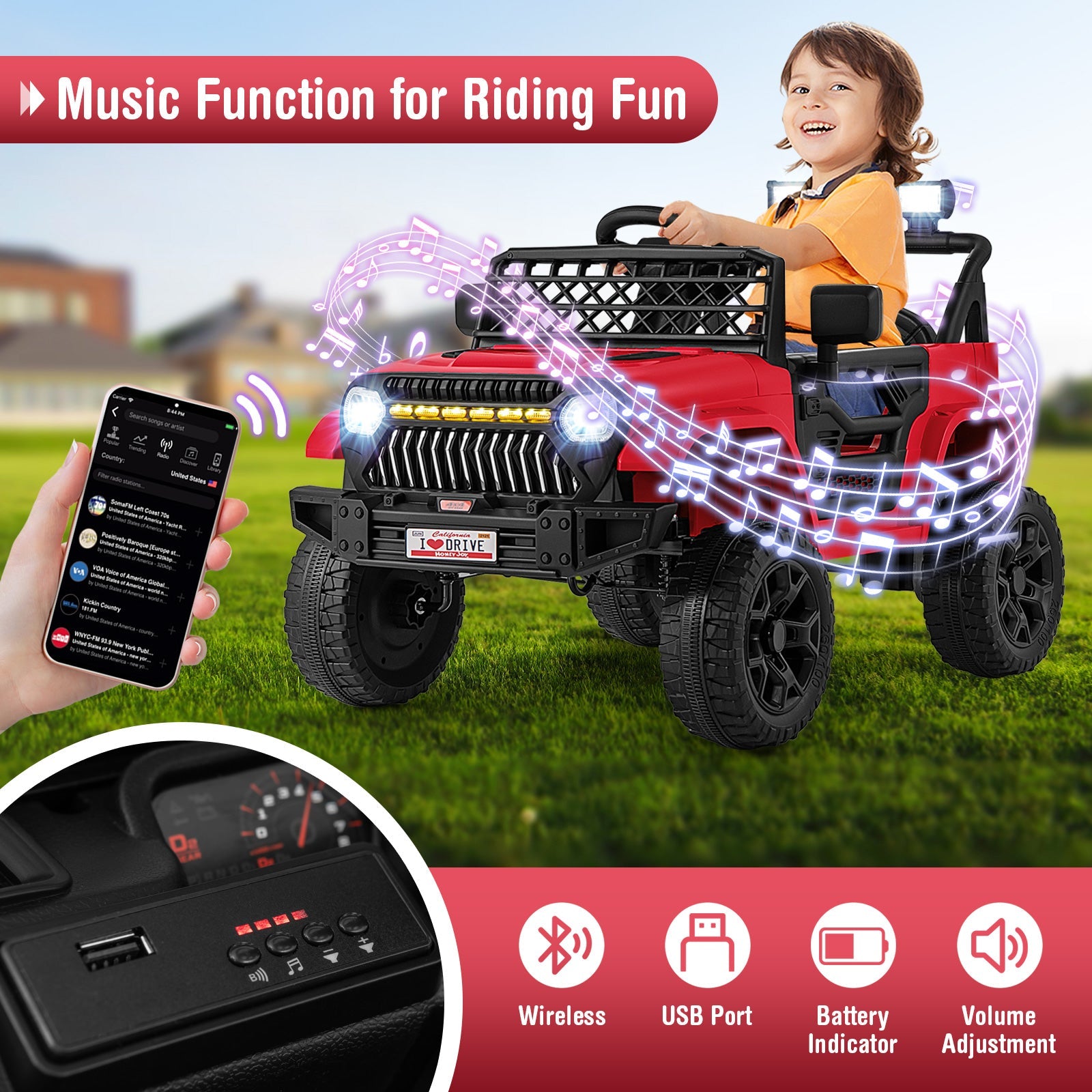 12V Kids Ride on Truck Car with Parental Remote and Music Player-Red