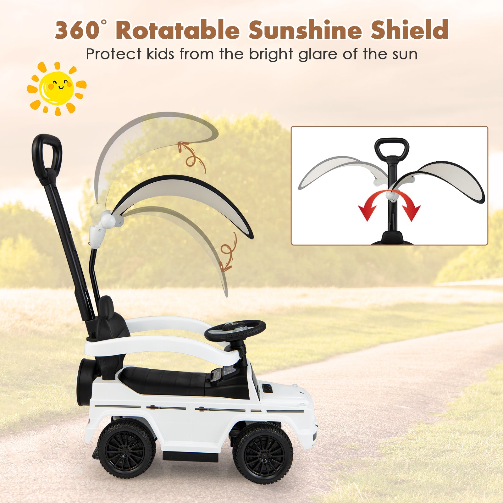 3-In-1 Ride on Push Car Mercedes Benz G350 Stroller Sliding Car with Canopy-White