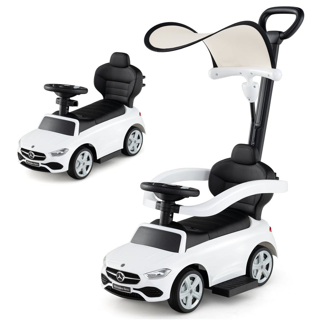 3-in-1 Ride on Push Car Mercedes-Benz Licensed Sliding Car with Canopy-White