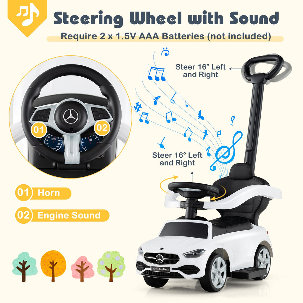 3-in-1 Ride on Push Car Mercedes-Benz Licensed Sliding Car with Canopy-White