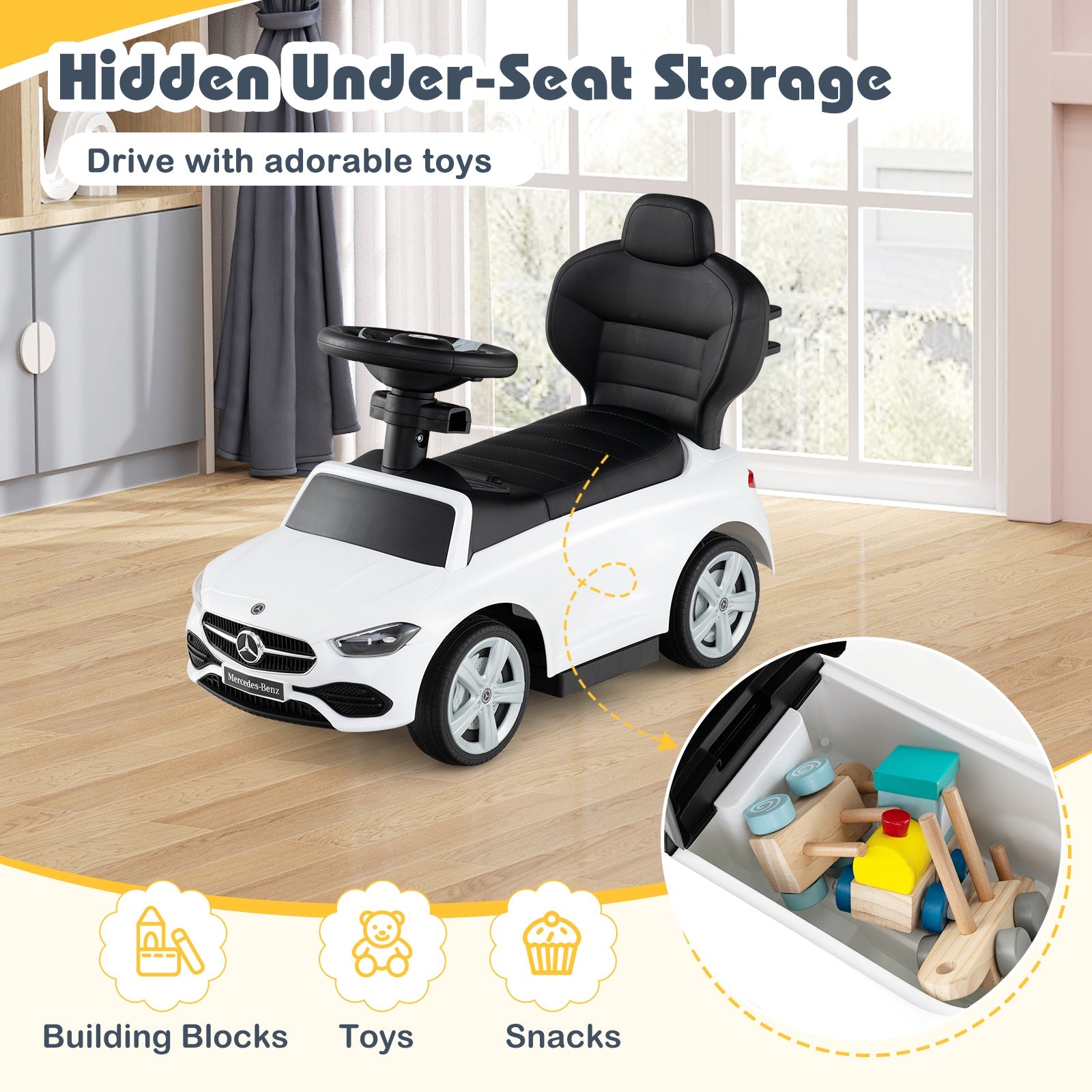 3-in-1 Ride on Push Car Mercedes-Benz Licensed Sliding Car with Canopy-White