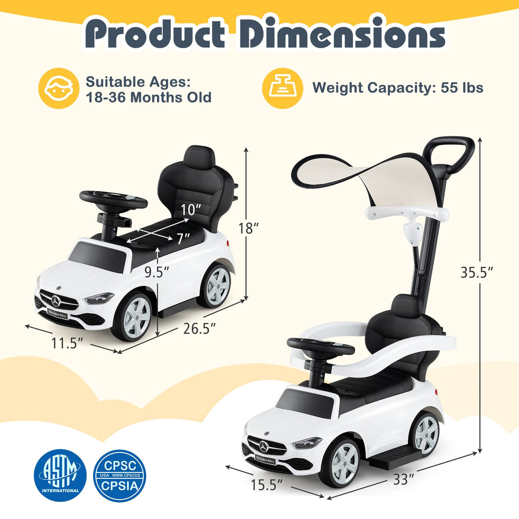 3-in-1 Ride on Push Car Mercedes-Benz Licensed Sliding Car with Canopy-White