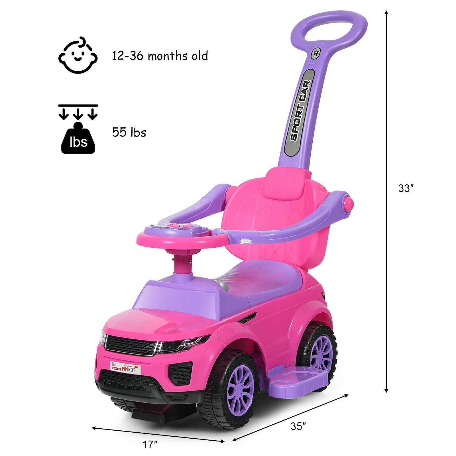 3 in 1 Ride on Push Car Toddler Stroller Sliding Car with Music-Pink