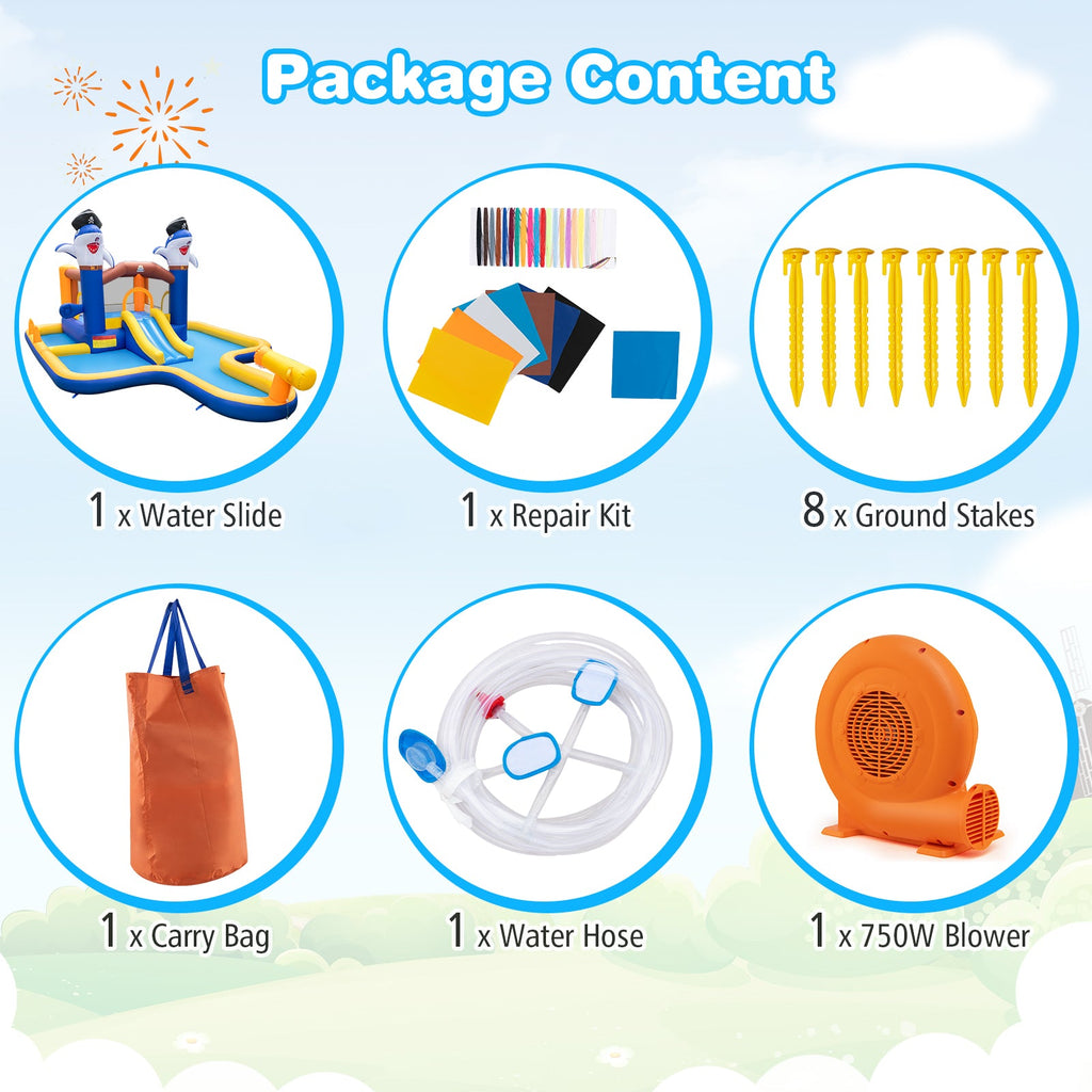 7-In-1 Water Slide Park with Splash Pool and Water Cannon with 680W Blower