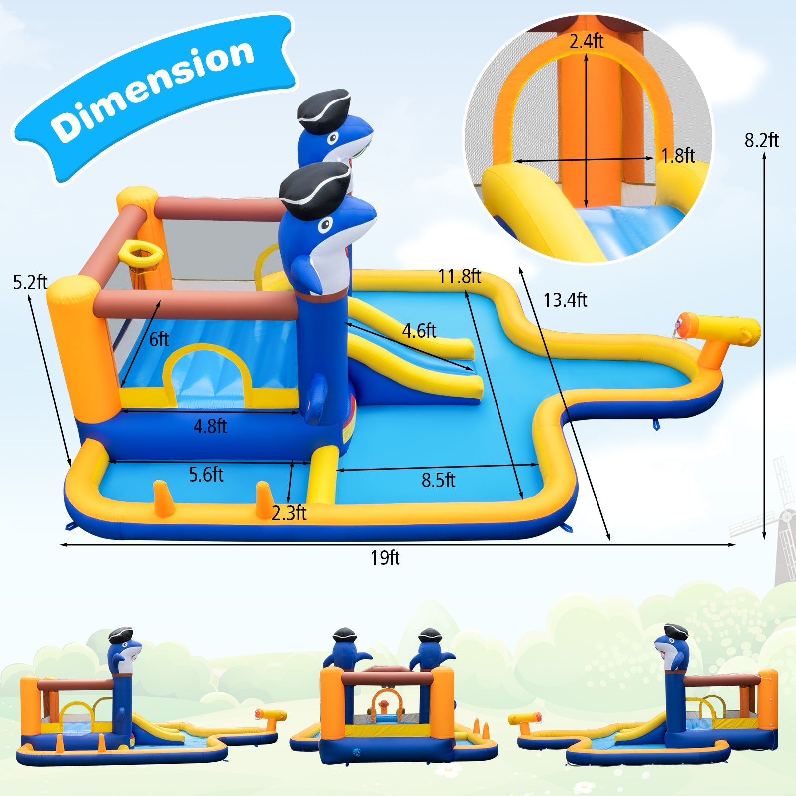 7-In-1 Water Slide Park with Splash Pool and Water Cannon with 680W Blower