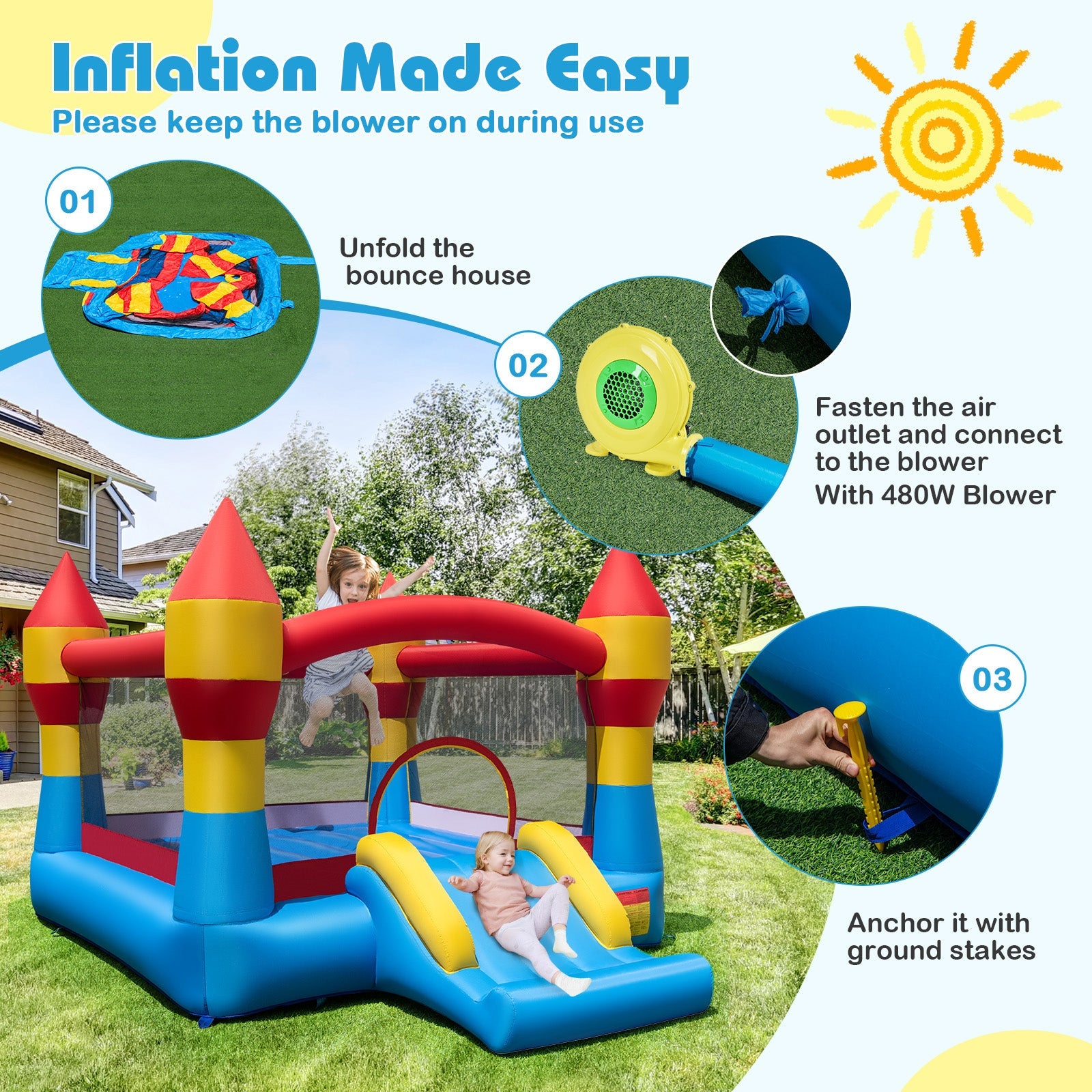 3-in-1 Kids Bouncer with Slide with 480W Blower for Yard