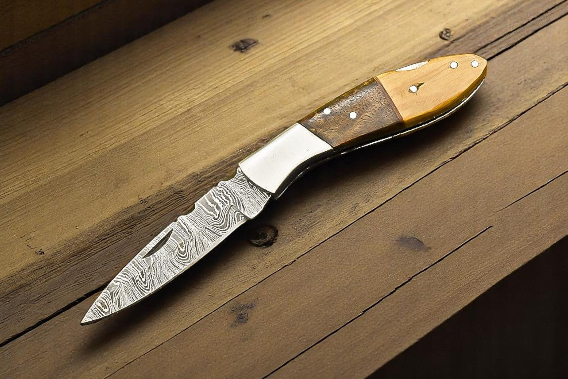 Handmade Damascus Folding Knife with Walnut Handle